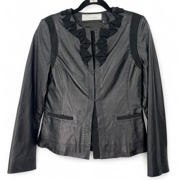 Eli Tahari | S | Jacket Blazer Leather Lamb Black Ribbon Detail Cropped Women - Picture 1 of 6